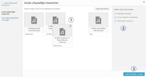 Scherm met de interface voor het bewerken van een audio-afspeellijst in WordPress, met sleepbare audiobestanden en weergave-instellingen.