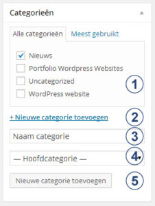 Interfacepaneel in WordPress om berichten te categoriseren en nieuwe categorieën toe te voegen.