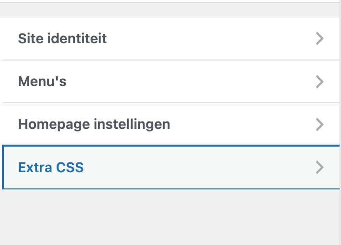 WordPress Customizer met instellingen voor Site-identiteit, Menu’s, Homepage-instellingen en Extra CSS.
