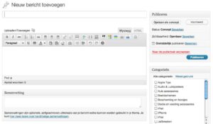 WordPress-interface voor het aanmaken van een nieuw bericht met opties voor opmaak, publicatie en categorieën.