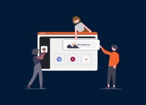 Illustratie van drie personen die samenwerken aan een groot scherm met WordPress builders en het logo van WP Handleiding.