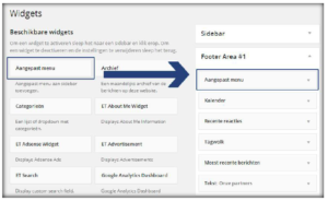 Interface van het WordPress-widgetbeheer waarin het widget "Aangepast menu" naar de footer wordt gesleept.