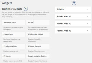 Overzicht van de WordPress Widgets-pagina met beschikbare widgets en widgetgebieden zoals de sidebar en footer.